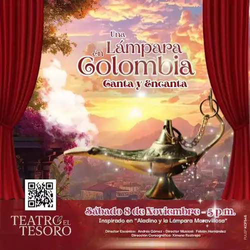 Lámpara mágica tradicional sobre escenario con cortinas rojas y vista a un paisaje colombiano al amanecer, promoviendo el evento cultural "Una Lámpara en Colombia".