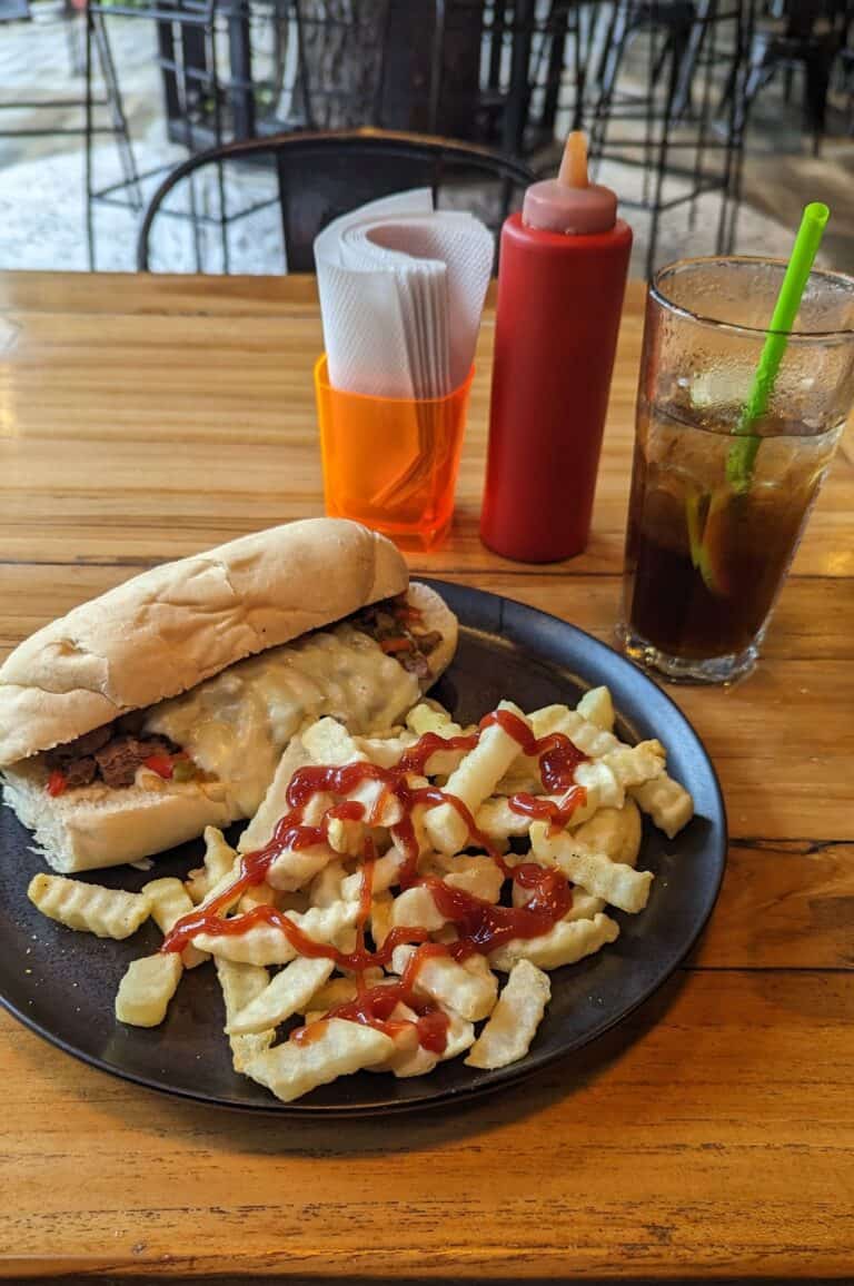 Sándwich de carne con queso, papas fritas con ketchup, bebida con hielo y limón, en restaurante informal con decoración moderna y ambiente acogedor en un evento o reunión social.