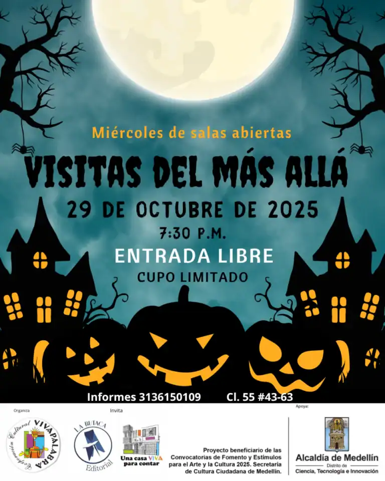 Espectáculo de Halloween con calabazas iluminadas, casas embrujadas y luna llena en la noche, promoviendo visitas de colegios en la noche de Halloween en Medellín, evento con entrada libre, para toda la familia.