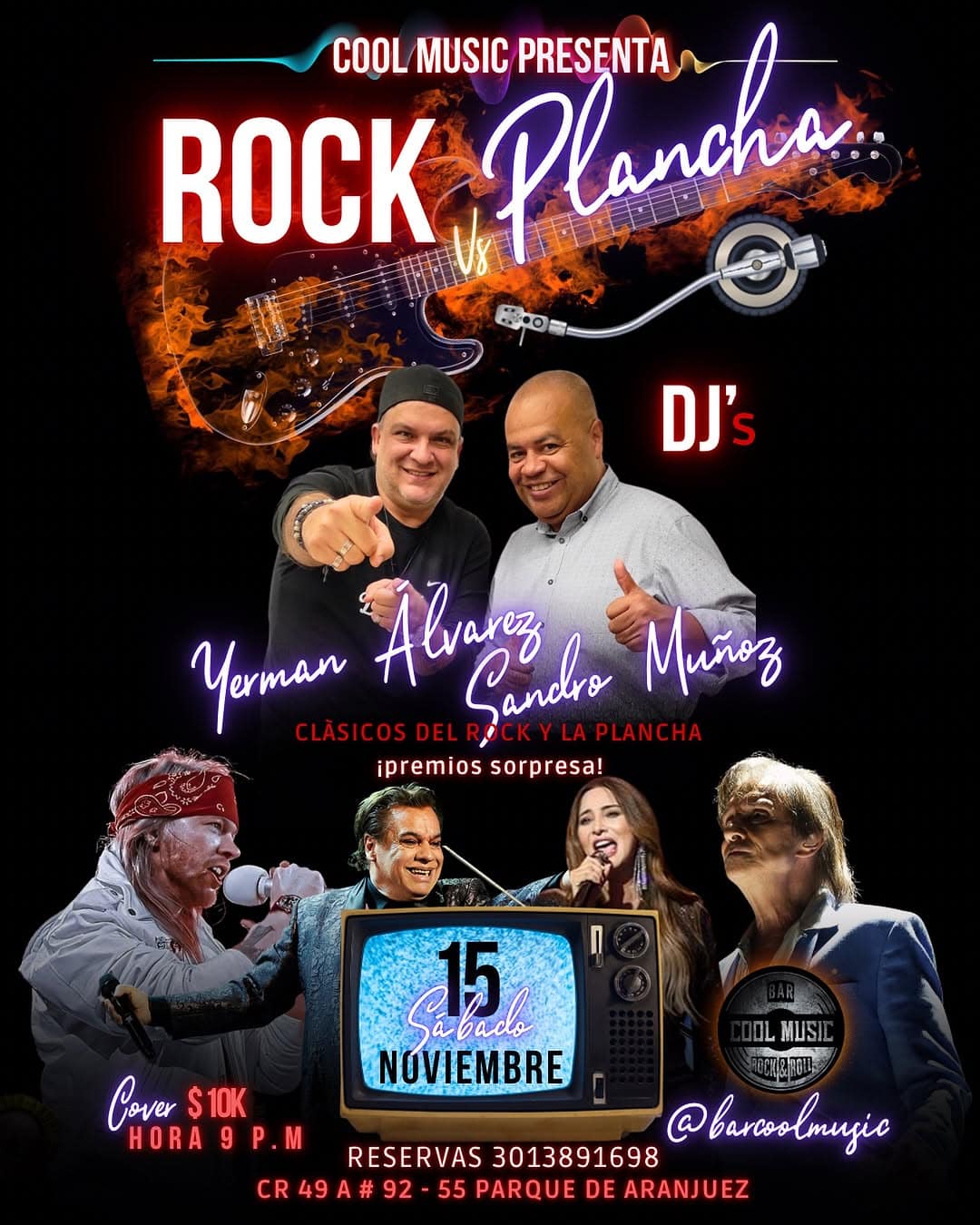 Rock vs Plancha evento musical con DJ's Yerman Alvarez y Sandro Muñoz en Bogotá. Música en vivo, premios y sorpresas. Disfruta de clásicos del rock y la plancha en un ambiente único. Reserva ya!.