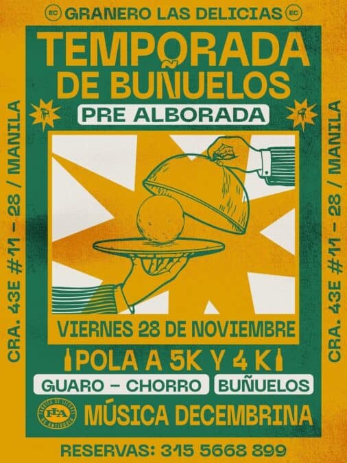 Cartel de evento de Granero Las Delicias para una temporada de bunuelos pre alborada en noviembre con música en vivo y carreras de 5K y 4K, ideal para amantes de la gastronomía y el deporte en Duitama.