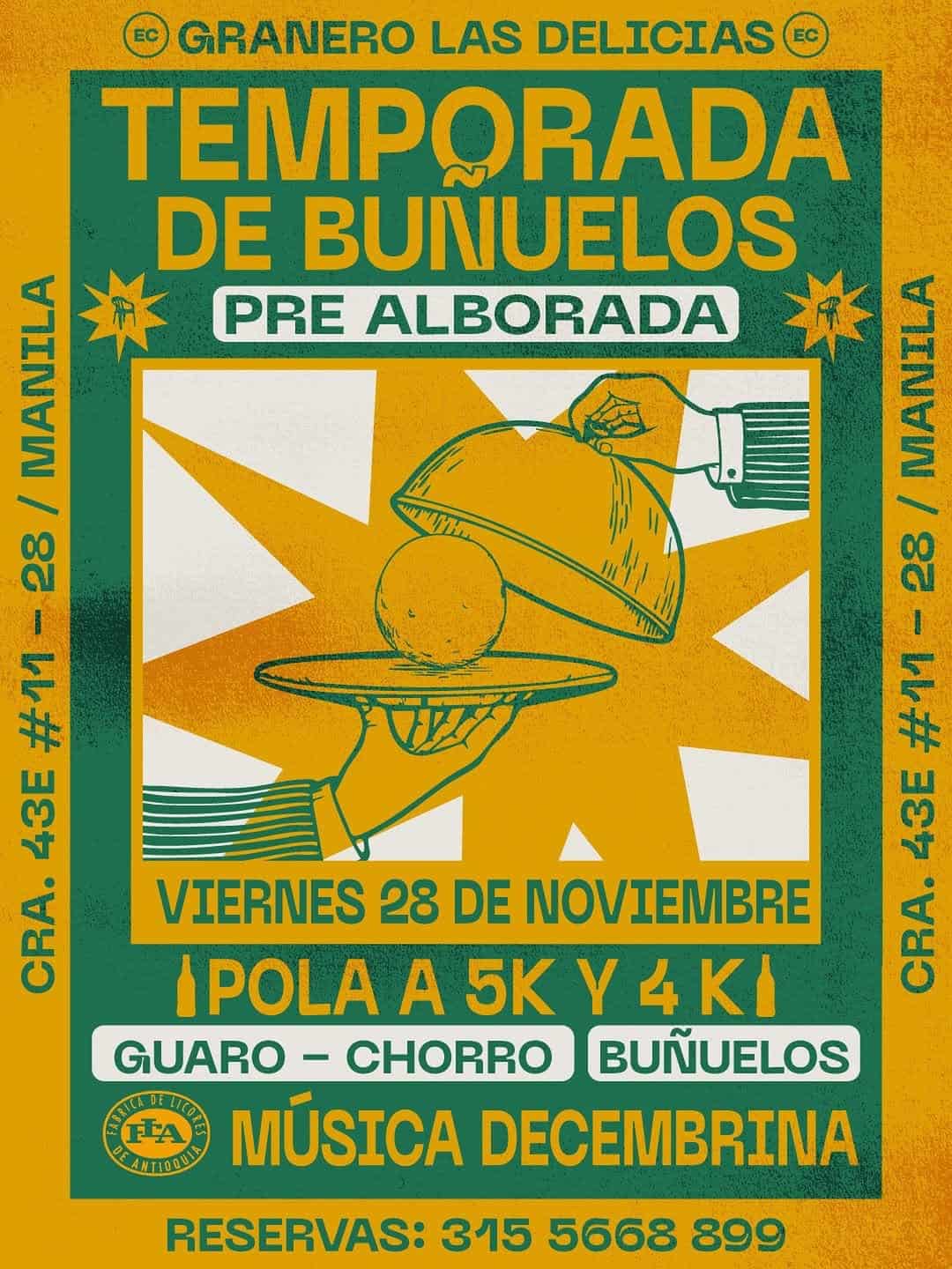 Cartel de evento de Granero Las Delicias para una temporada de bunuelos pre alborada en noviembre con música en vivo y carreras de 5K y 4K, ideal para amantes de la gastronomía y el deporte en Duitama.