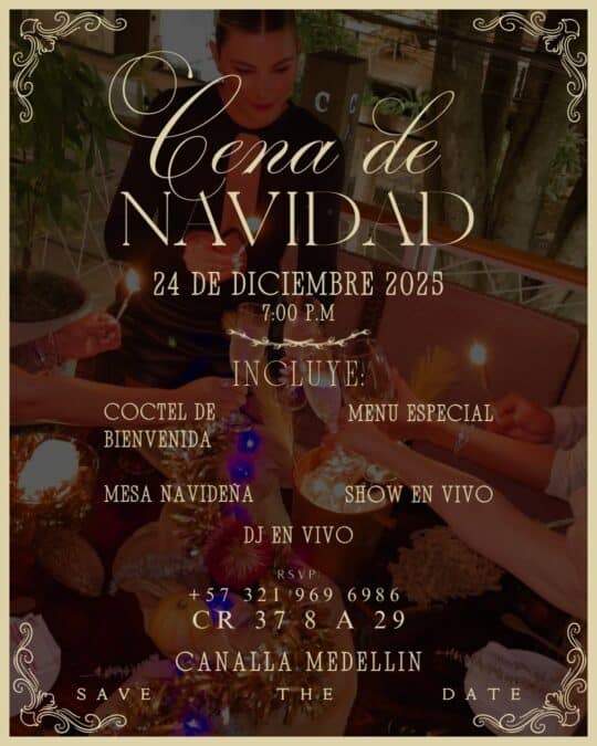 Cena navideña en Medellín con comida especial, show en vivo y cocteles de bienvenida, ideal para celebrar la Navidad el 24 de diciembre 2025. Reserva con contacto y disfruta de una noche llena de alegría.