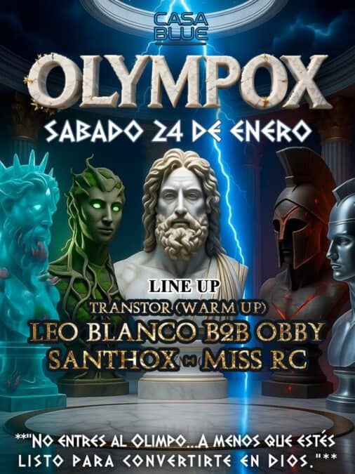 Escultura de dioses griegos y figuras mitológicas con efectos de luz y electricidad en un escenario épico.