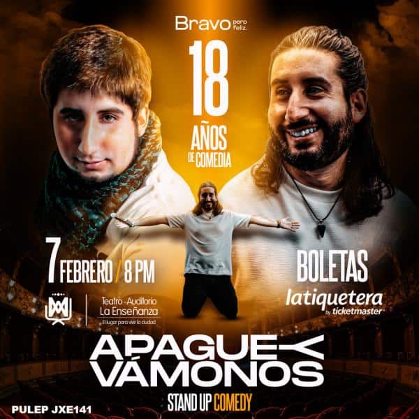 2. Cartel promocional de la celebración del 18º aniversario de comedia en Teatro La Enseñanza, destacando fechas, boletos y artistas principales para maximizar la promoción en búsquedas de eventos y stand-up comedy.