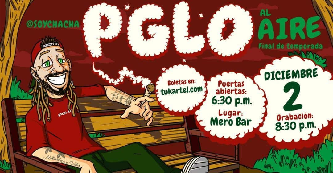 Ilustración de un hombre con tatuajes y gorra en un banco en un entorno natural, promoviendo un evento musical al aire libre con detalles de fecha, hora y lugar en tonos verdes y rojos.