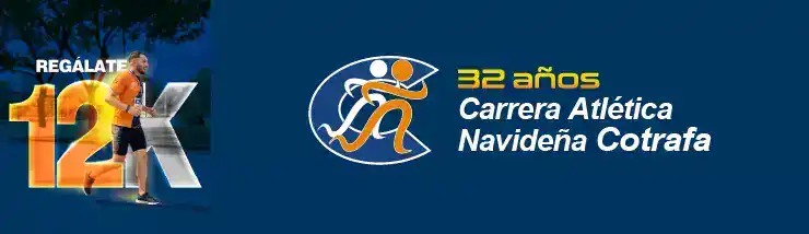 Imagen de un corredor en una carrera atlética navideña organizada por Eventario en Cotrafa, con el logo y celebración del 32 años de la carrera navideña.