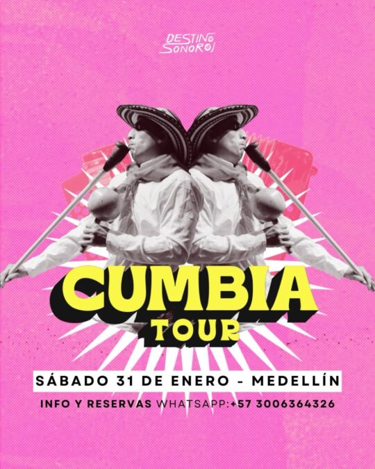 Imagen promocional de la gira Gumbia Tour en Medellín, con diseño vibrante y elementos culturales colombianos, ideal para eventos y festivales de música tradicional.