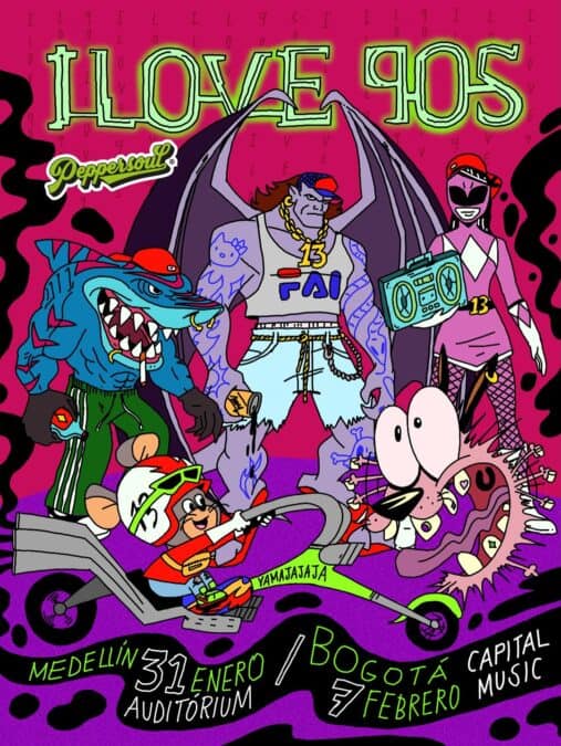 Ilustración de personajes urbanos y mitológicos con estilo pop art, promoviendo evento musical en Medellín y Bogotá con fechas y lugares. Diseño colorido, llamativo y joven.