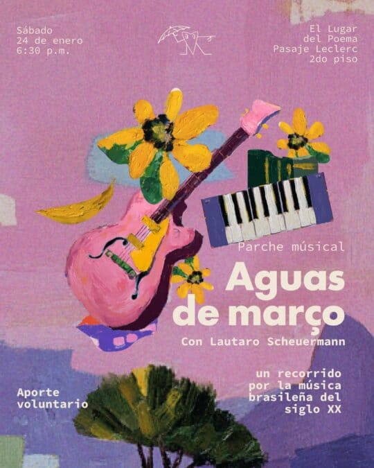 Alt text: Cartel de concierto con guitarra, teclado y flores amarillas en fondo rosa, promoviendo evento cultural en Bogotá.