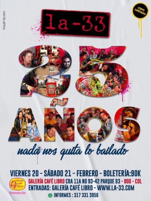 2. Cartel del evento musical con fotos de artistas, grupos y actividades en un ambiente colorido y dinámico, promocionando la fiesta y la cultura urbana en Bogotá, con fechas, ubicación y contacto.