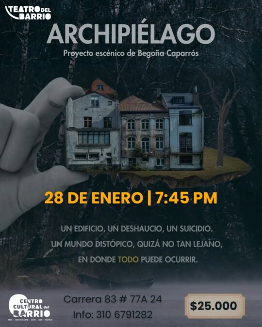 Espectáculo teatral en Bogotá con escenario de una casa embrujada, ideal para amantes de lo paranormal y eventos culturales en el Centro Cultural del Barrio, con detalles sobre fecha y contacto.
