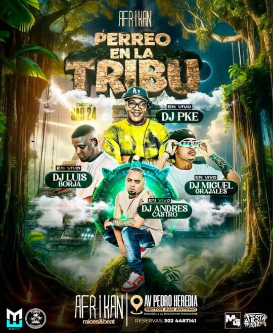 2.Evento de música en vivo con DJs destacados como DJ PKE, DJ Luis Borja, DJ Miguel Grajales y DJ Andres Castro en la selva africana, lleno de energía y ritmo.