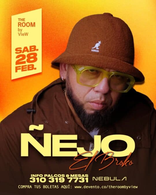 Alt text: Imagen promocional de Néujo en concierto, con fondo naranja y detalles del evento, incluyendo fecha y contacto para boletos.