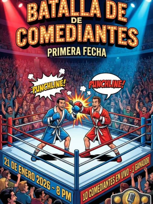 Escenario de combate de comediantes en vivo, evento de stand-up en Bogotá, Colombia, con público animado y concurso de comediantes, fecha 21 de enero de 2026, a las 8 PM.