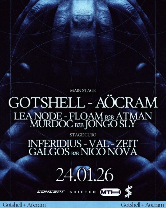 Espectáculo musical en evento con artistas como Gotshell y Aöcram en escenario principal y cubo, en una noche de techno y música electrónica en Bogotá, 24 de enero de 2026.