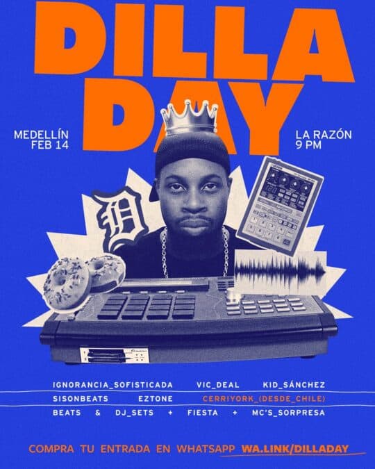 Joven DJ con auriculares, junto a equipo de DJ y donuts en un cartel de evento de música y fiesta en Medellín.