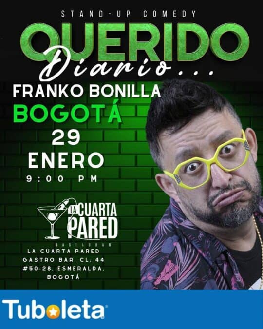Foto del evento de stand-up comedy con Franko Bonilla en La Cuarta Pared, Bogotá, el 29 de enero a las 9:00 pm, mostrando la promoción del espectáculo y la atmósfera del evento.