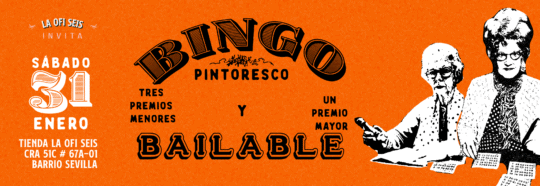 Alt text: Imagen del cartel de bingo pintoresco con fondo naranja, ilustraciones en blanco y negro de dos mujeres mayores en estilo vintage, y detalles del evento como premios y fecha.