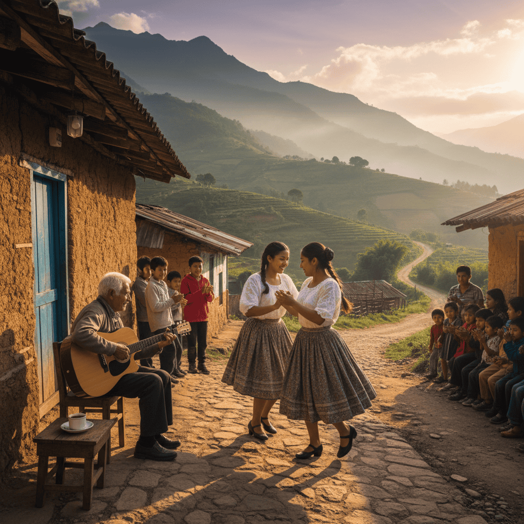 La imagen muestra una celebración cultural en un pueblo rural de Colombia, con bailes tradicionales, música en vivo con un guitarrista y niños participando, rodeados de paisajes montañosos y casas típicas, promoviendo eventos rurales y culturales.