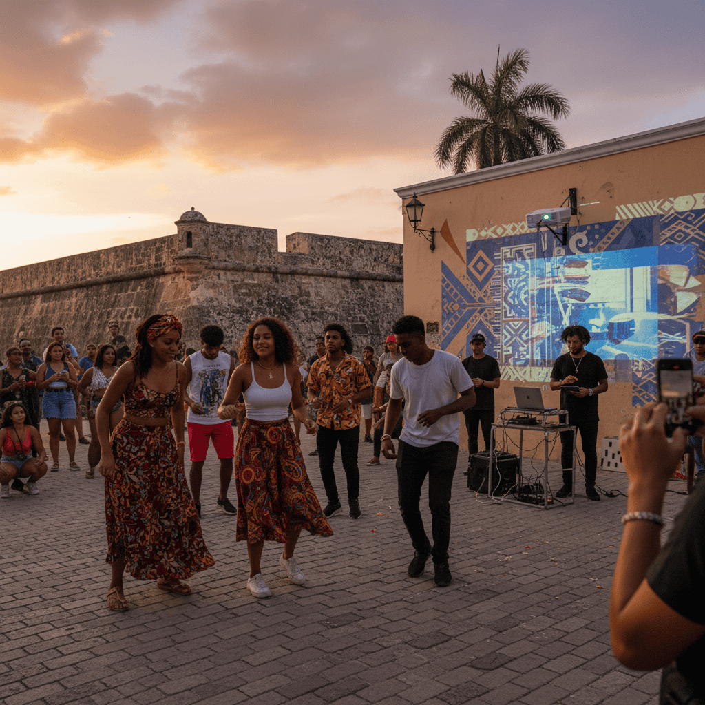 Personas disfrutando de un evento cultural con danza y DJ en un espacio al aire libre al atardecer, en una ciudad colonial.