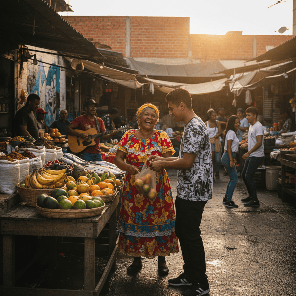 Vendedor y cliente intercambiando frutos en mercado popular de Colombia durante atardecer, ambiente alegre, cultura local, productos frescos, diversión, comunidad, comercio tradicional, estilo de vida colombiano.