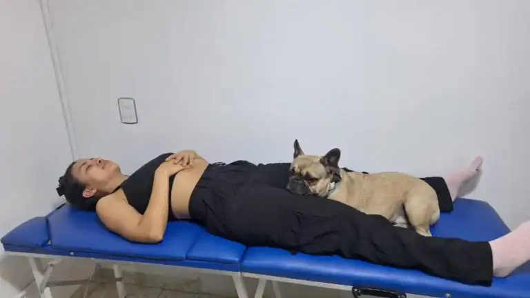 Imagen de una mujer acostada en una camilla de atención médica con un perro acostado sobre su abdomen, en un entorno de clínica veterinaria o fisioterapia para animales.