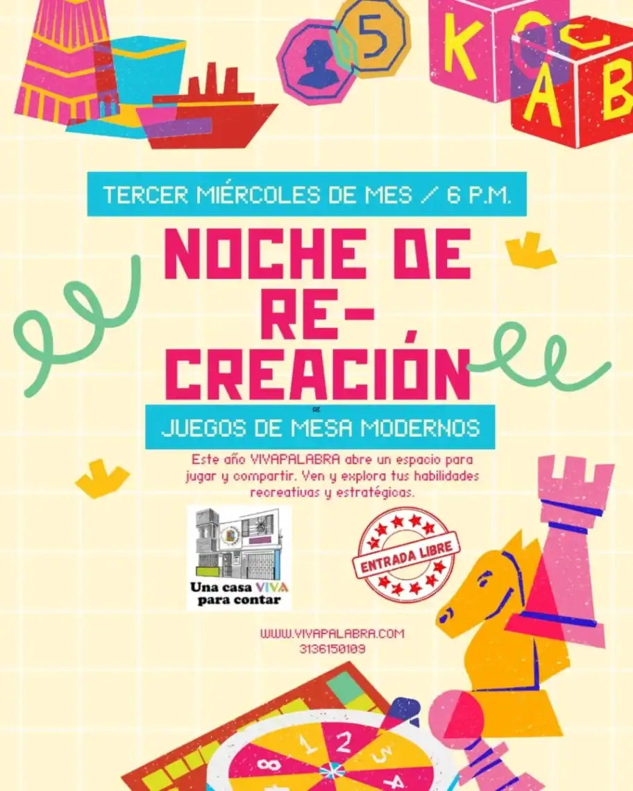 Imagen promocional de evento familiar y recreativo con juegos de mesa modernos y actividades creativas.