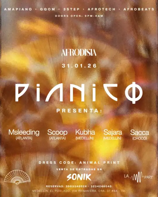 Imagen promocional de evento Afrodisia con temática de piano y música afro, anunciando artistas como Msleeding y Scoop de Atlanta, Kubha y Sajara de Medellín, y Sacca de Chocó. Incluye detalles de fecha, horario, dress code y venta de entradas.