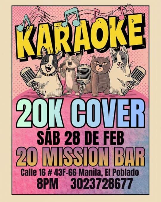 Cartel de evento de karaoke con perros y gatos en Mission Bar, en Manila, que incluye detalles de fecha, hora y ubicación.