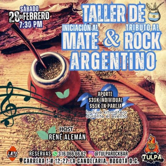 Aprende a preparar mate y disfruta de música rock argentina en este taller en Bogotá. Evento con kit de mate incluido, anfitrión René Alemán, y opción de pago individual o en pareja.