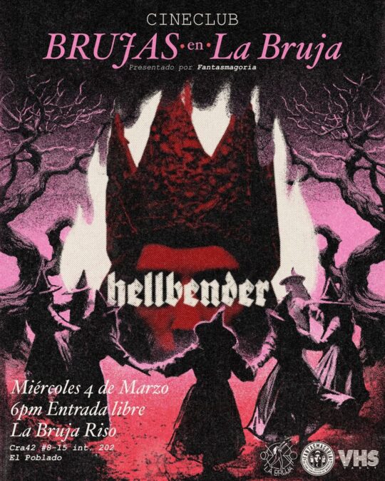 Cartel de la película "Hellbender" en un evento de cine de terror en La Bruja Riso, con temática de brujas y elementos sobrenaturales, promoviendo una noche de cine espeluznante.