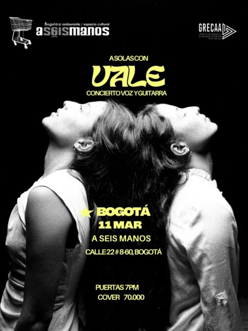 Concierto de UVE en Bogotá, con voz y guitarra en vivo, organizado por Ases Manos y Greca. Evento el 11 de marzo en Seis Manos, con puertas a las 7 pm y entrada de 70,000 COP.