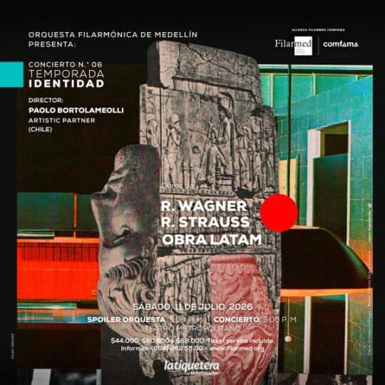 Espectáculo musical con la Orquesta Filarmónica de Medellín, dirigida por Paolo Bortolameolli, presentando obras de Wagner, Strauss y Obra Latam en un evento cultural destacado.