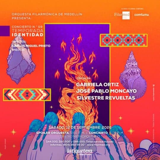 Imagen promocional del concierto de Gabriela Ortiz y José Pablo Moncayo, organizado por la Orquesta Filarmónica de Medellín, con detalles del evento y fecha en septiembre de 2026.