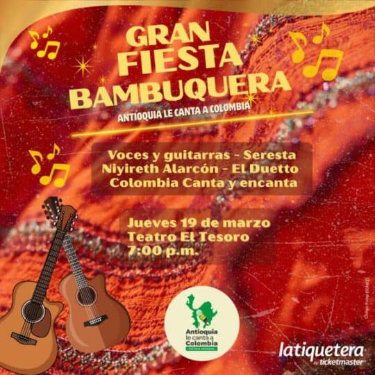Espectáculo musical en Antioquia con guitarras y voces, presentando artistas como Seresta, Niyireth Alarcón, El Duetto y Colombia Canta y Encanta, en el Teatro El Tesoro.