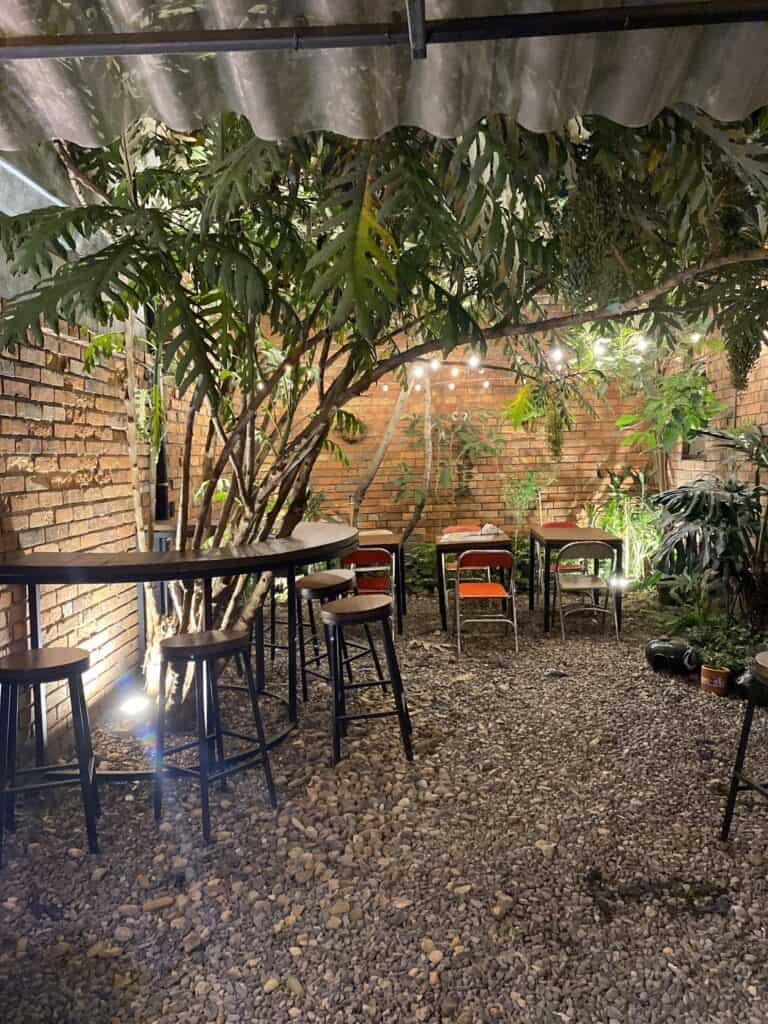 Ambiente exterior del Braaap Café con plantas verdes, iluminación cálida y mobiliario de madera y metal, ideal para disfrutar de una experiencia relajante y natural en un espacio al aire libre.