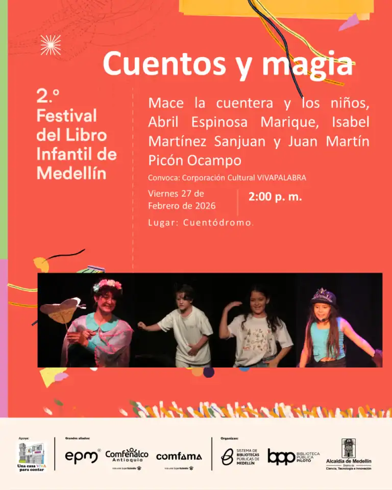 Árbol de cuentos y niños en evento infantil.