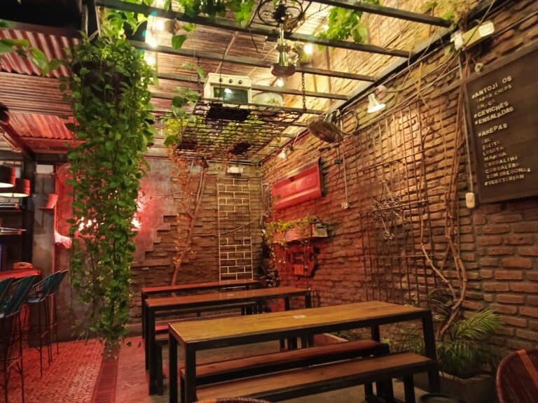 Espacio en Lulo Café Bar con decoración industrial, plantas y ambiente relajado, ideal para disfrutar de bebidas y buena compañía en un entorno único y moderno.