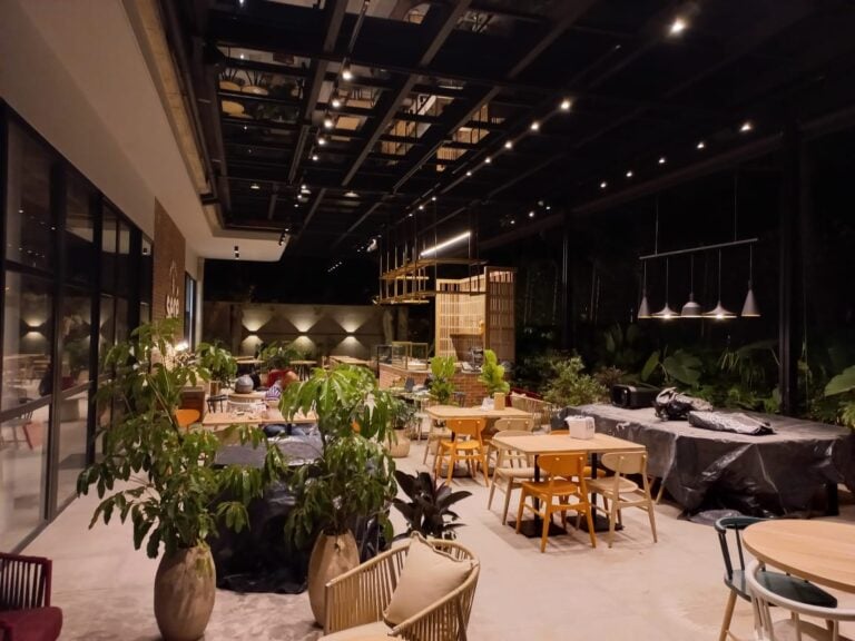 Árboles y plantas decorativas en un espacio amplio y moderno para eventos al aire libre.