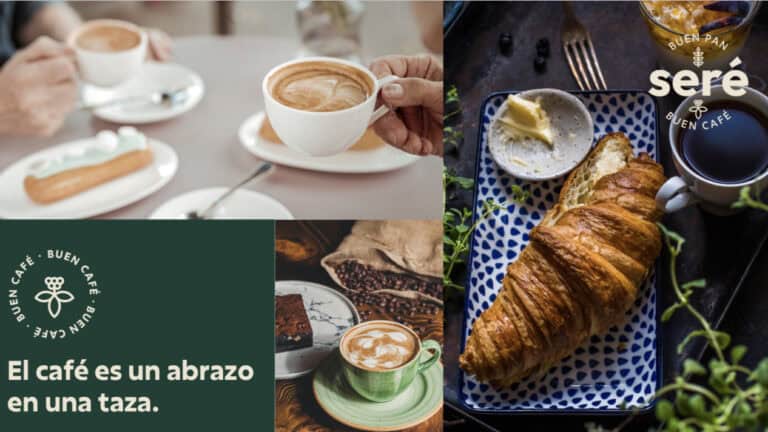 Imagen de un desayuno en un ambiente campestre con croissant, café y postres, ideal para eventos al aire libre y reuniones en la naturaleza.