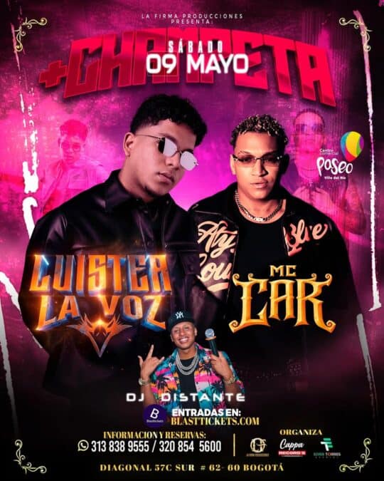 Concierto de Chimbita y MC Car en Bogotá, evento musical el sábado 9 de mayo.