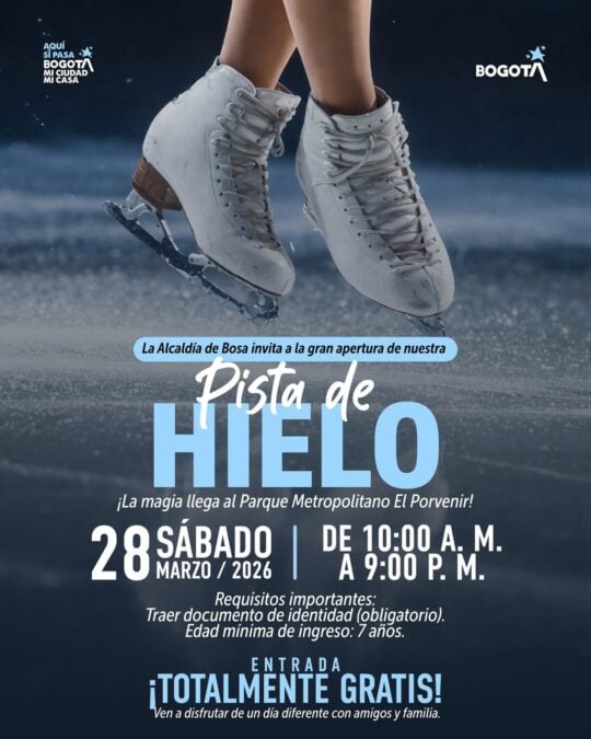 Pista de hielo en Bogotá, invitación de la Alcaldía de Bosa para la apertura en el Parque Metropolitano El Porvenir, con actividades para toda la familia, entrada libre y requisitos de edad.
