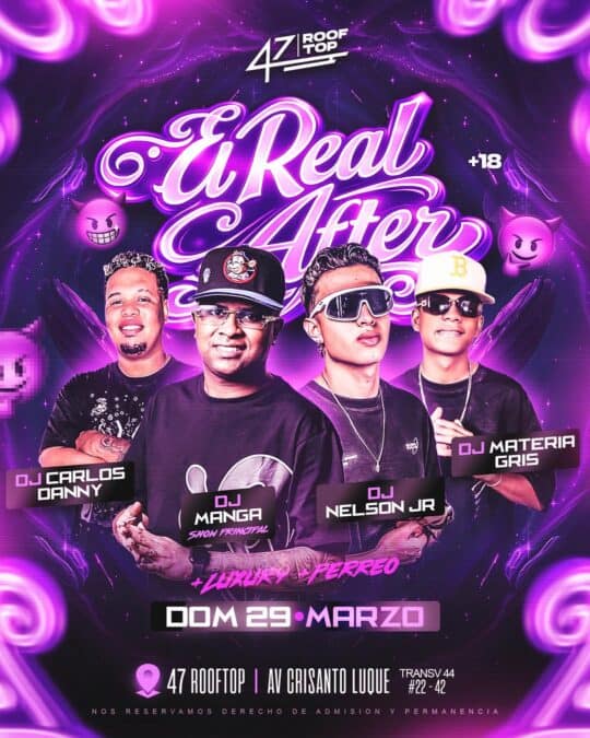 Celebración con DJ Carlos Danny, DJ Manga, DJ Nelson Jr. y DJ Material Gris en un evento para mayores de 18 años en Bogotá.