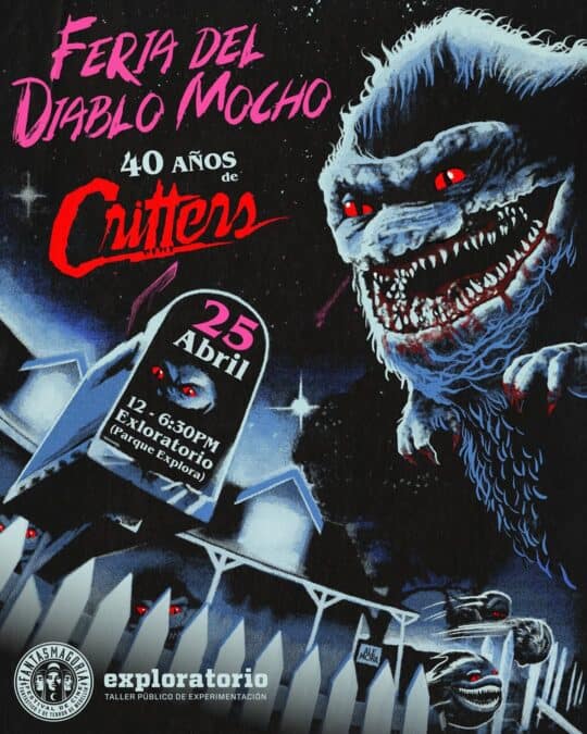 Espectacular cartel de la Feria del Diablo Mocho, celebrando 40 años, con un dragón aterrador y detalles del evento en abril en el exploratorio.