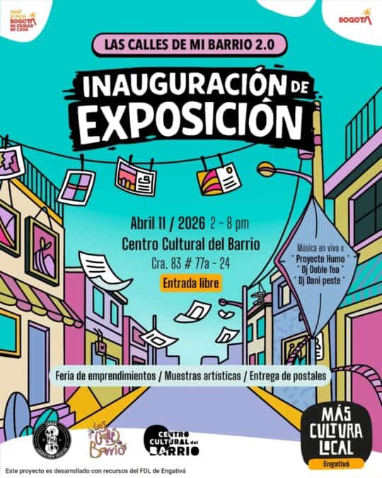 Cartel promocional de la inauguración de la exposición en las calles del barrio, con detalles de fecha, hora, lugar y actividades culturales, resaltando entrada libre y eventos artísticos.