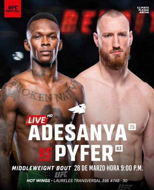 Imagen de dos luchadores de UFC, Adesanya y Pyer, listos para su pelea de peso medio, promocionada por Eventario, con detalles del evento y fecha.
