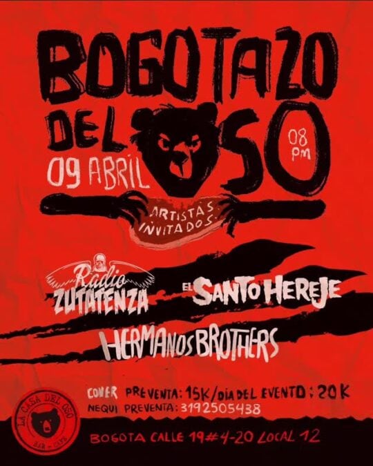 Concierto en Bogotá con artistas invitados, bandas locales y música en vivo en un evento especial el 9 de abril a las 8 pm.