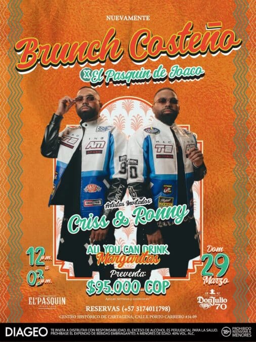 Dos hombres con chaquetas de carreras en un cartel promocional de brunch costeño en Joaco, Cartagena, con detalles del evento y reserva.