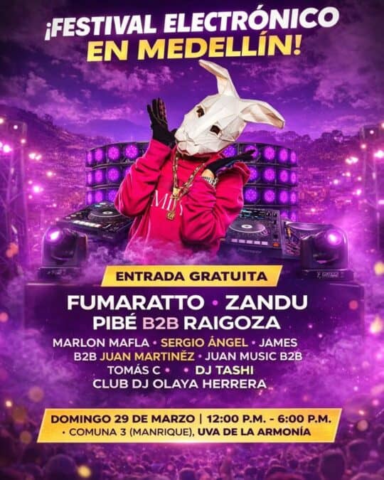 Festival de música electrónica en Medellín con artistas destacados y entrada gratuita.